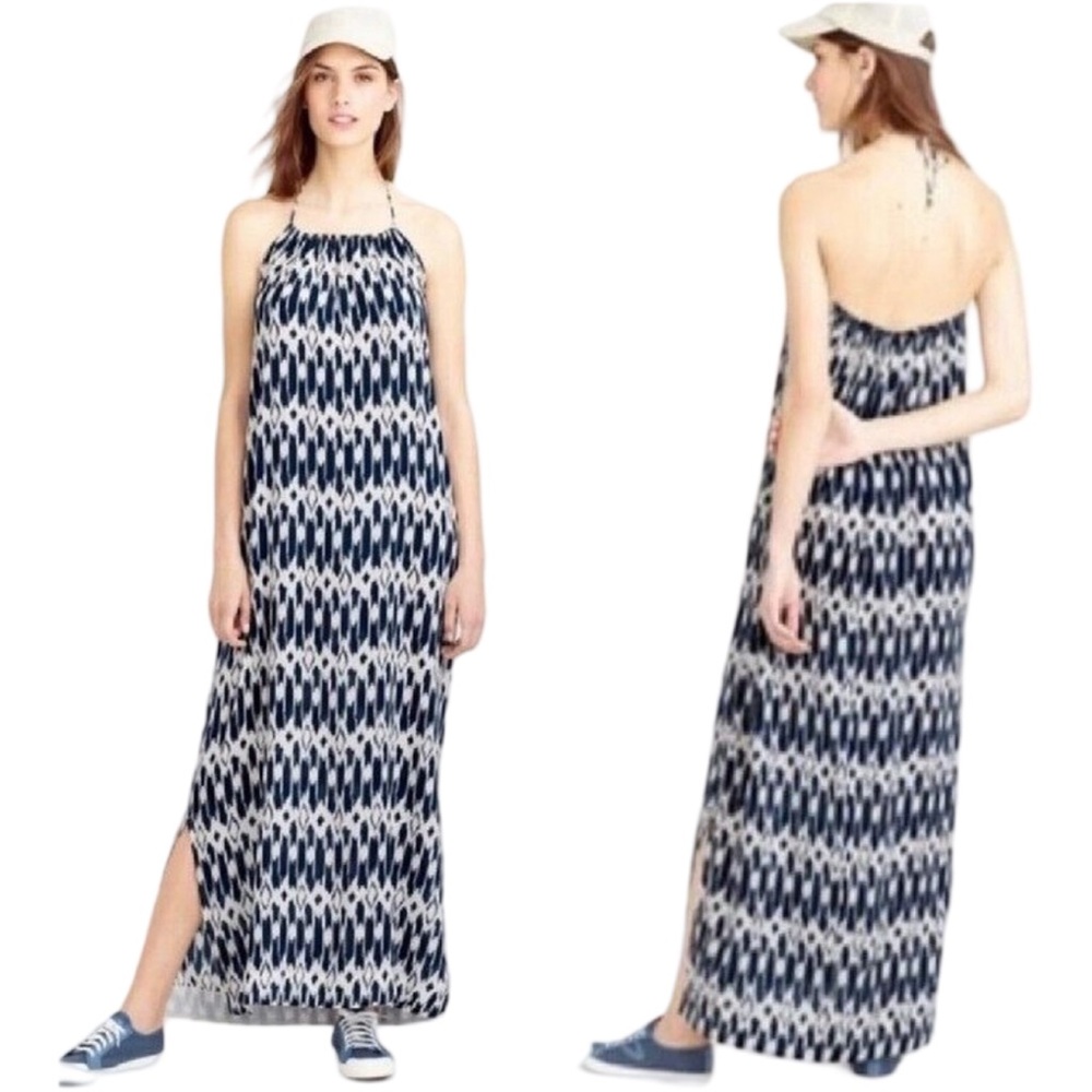 J. Crew Maxi Dress Ikat Halter Resortwear Side Slit Caftan Beachy Cottagecore